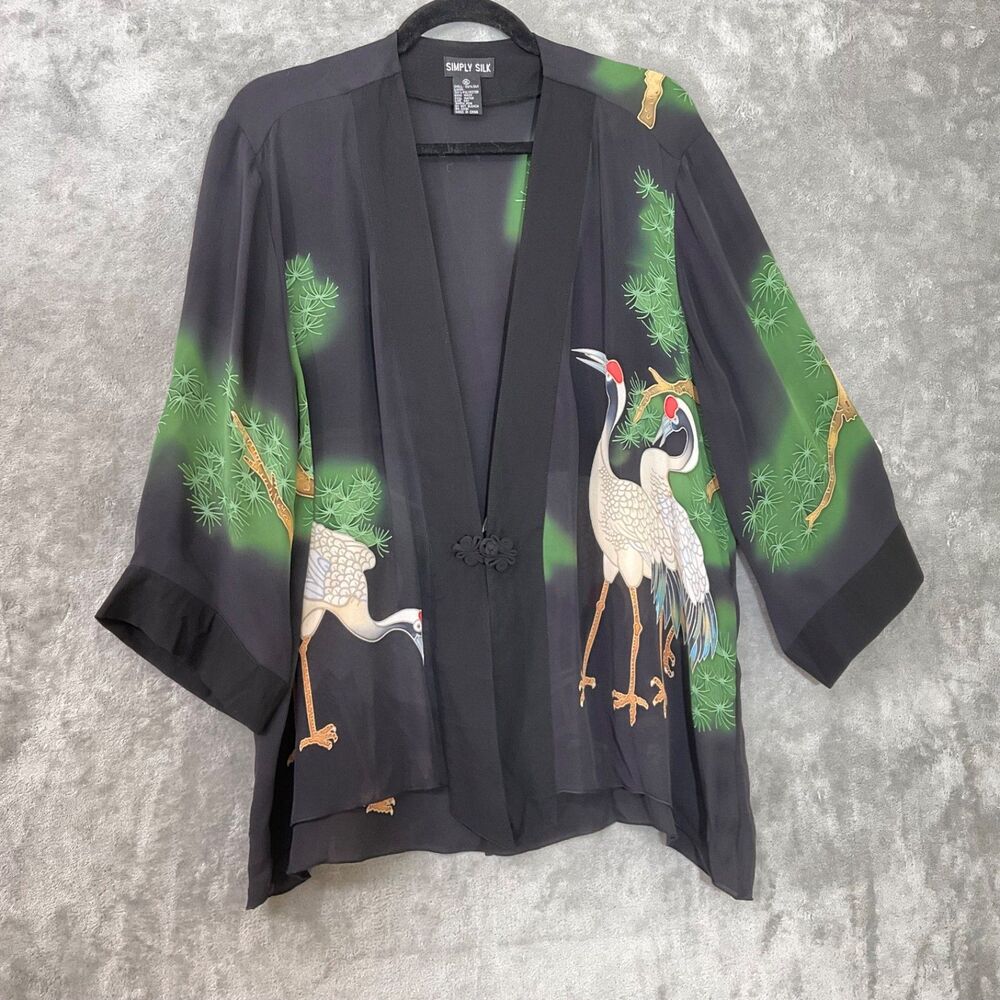 Simply Silk Crane Kimono Lightweight Bird Nature Trees Women's Size XL Top